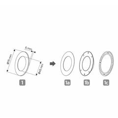 Kaavio 75mm ja 45mm osista, jotka esittävät eri vahvistusrenkaita 1, 1a, 1b, 1c yhdistettynä.
