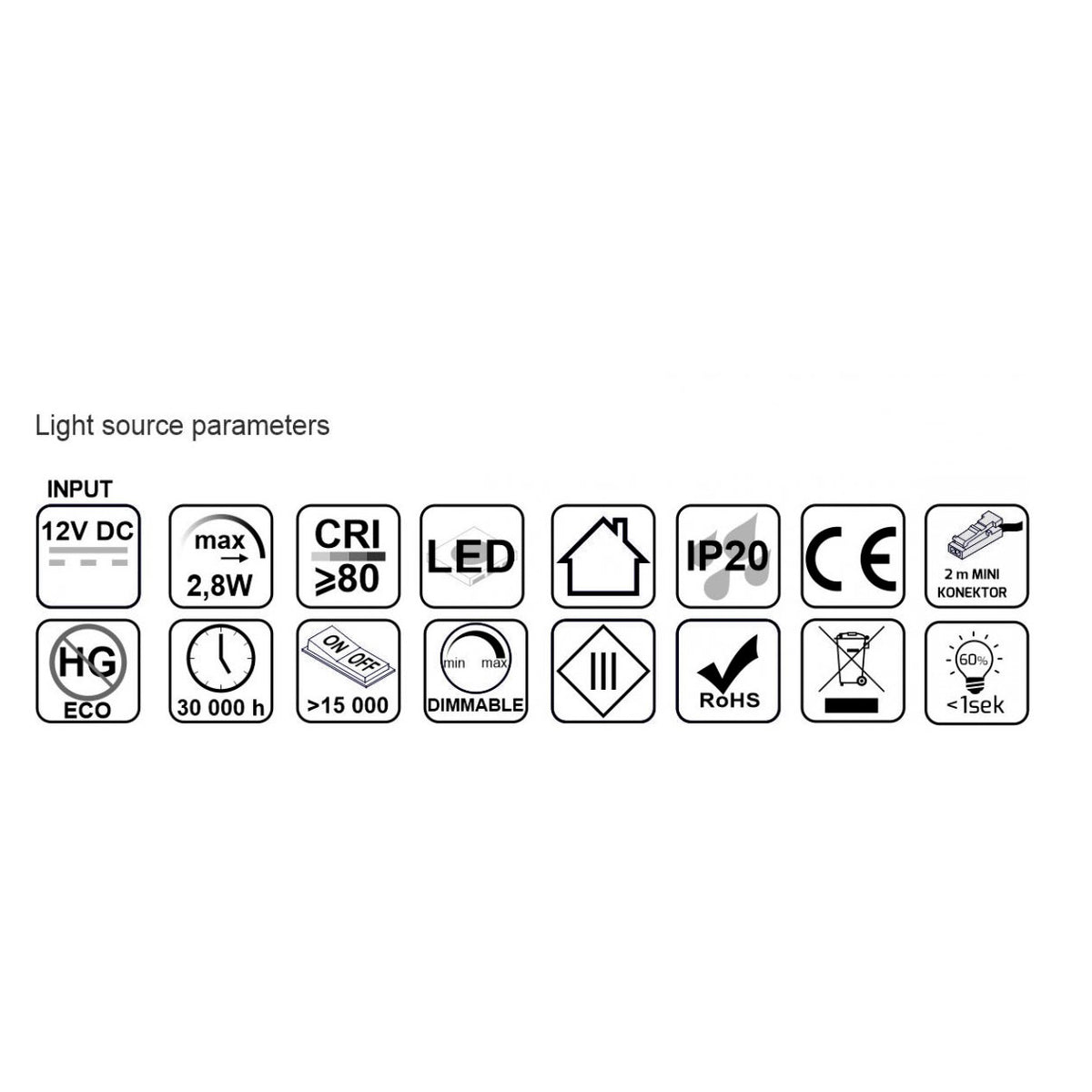 Image showing light source parameters for 2,8W 12V LED-kalustevalaisin MAGNETO musta, 260lm CRI80, IP20, himmennettävä.