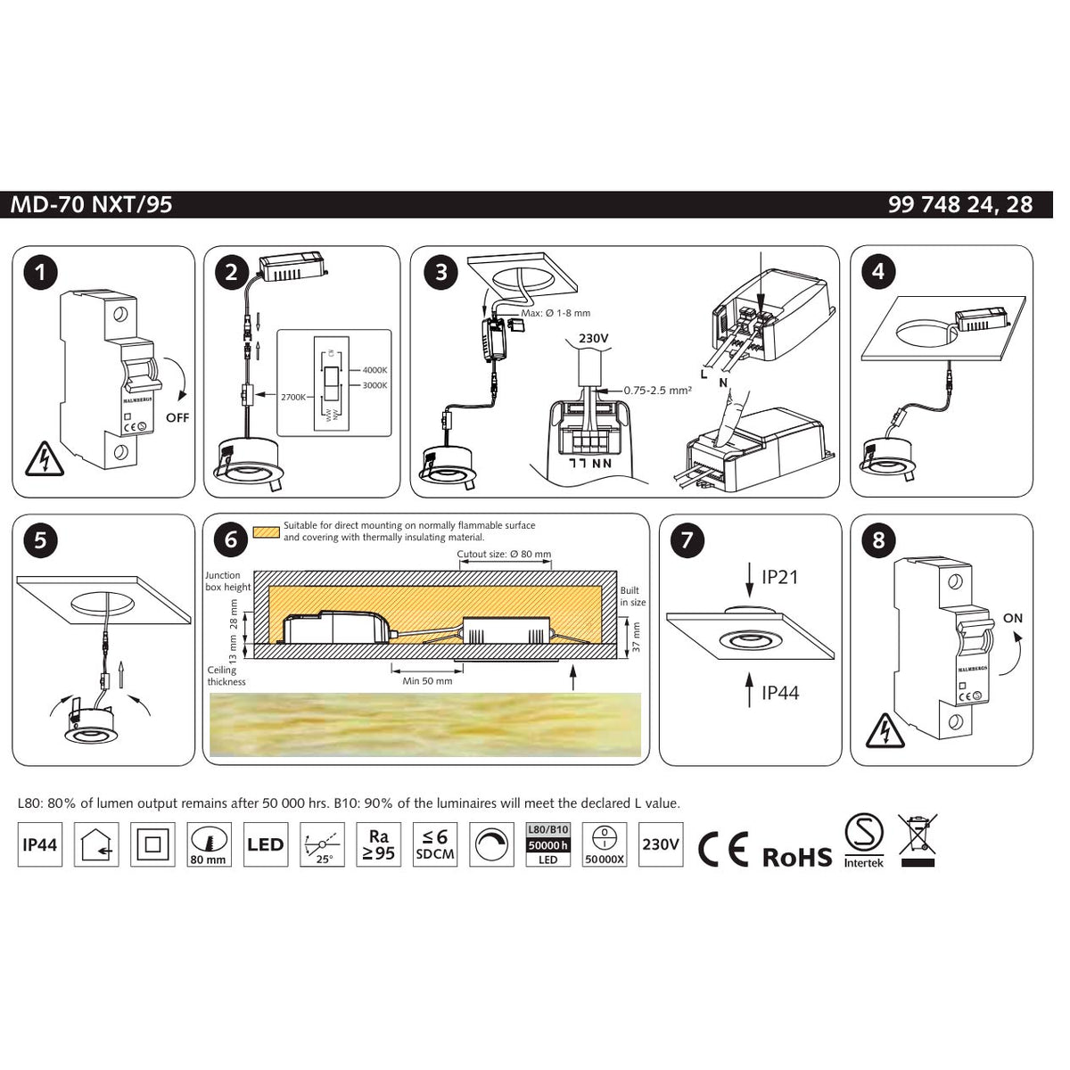 7W LED-alasvalo MD-95/MD-70, tekniset mitat