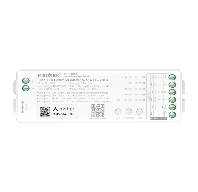 MiBoxer ML5 LED-ohjain RGB valonauhoille, 5-in-1, Matter over WiFi, ohjauspaneeli ja liittimet.