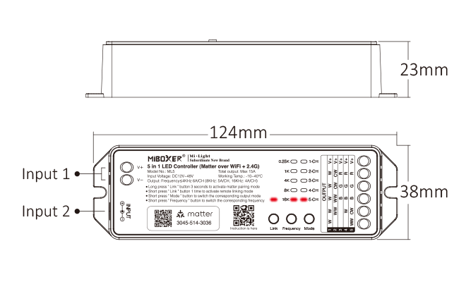 MiBoxer ML5 LED-ohjain RGB valonauhoille - tekniset tiedot ja mitat