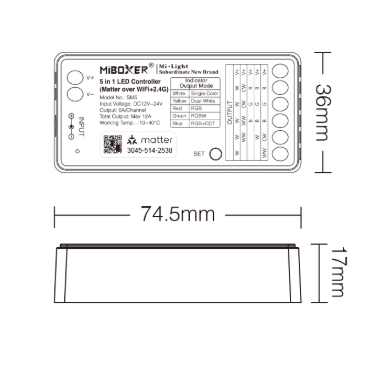 MiBoxer SM5 LED-ohjain RGBW ja CCT nauhoille, mittapiirros ja tekniset tiedot
