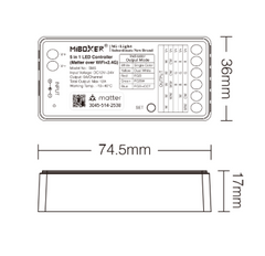 MiBoxer SM5 LED-ohjain RGBW ja CCT nauhoille, mittapiirros ja tekniset tiedot