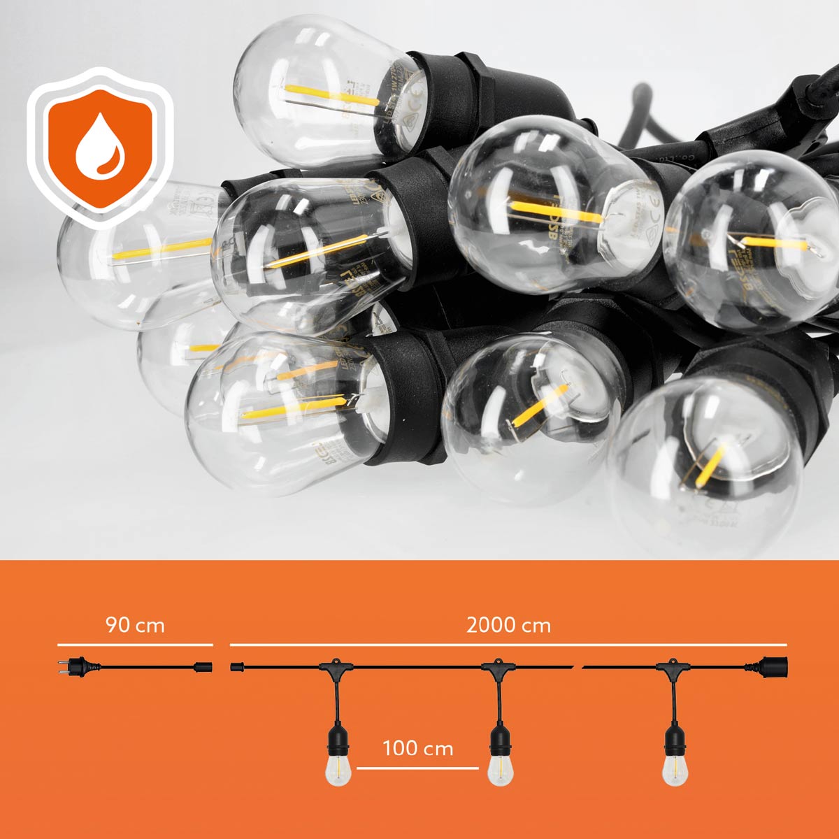 ulkoilman valoketjusetti E27 LED-polttimoilla, 20 metriä pitkä, sisältyy 20 kpl 1W 2700K polttimoita.