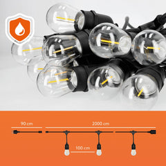 ulkoilman valoketjusetti E27 LED-polttimoilla, 20 metriä pitkä, sisältyy 20 kpl 1W 2700K polttimoita.