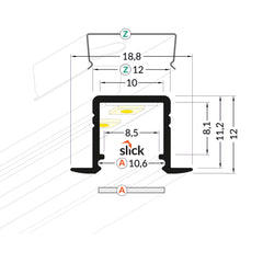 MINI-UPPO10 LED-profiili 2m mitat, suunnittelu ja tekniset tiedot LED-profiili uppoasennukseen.