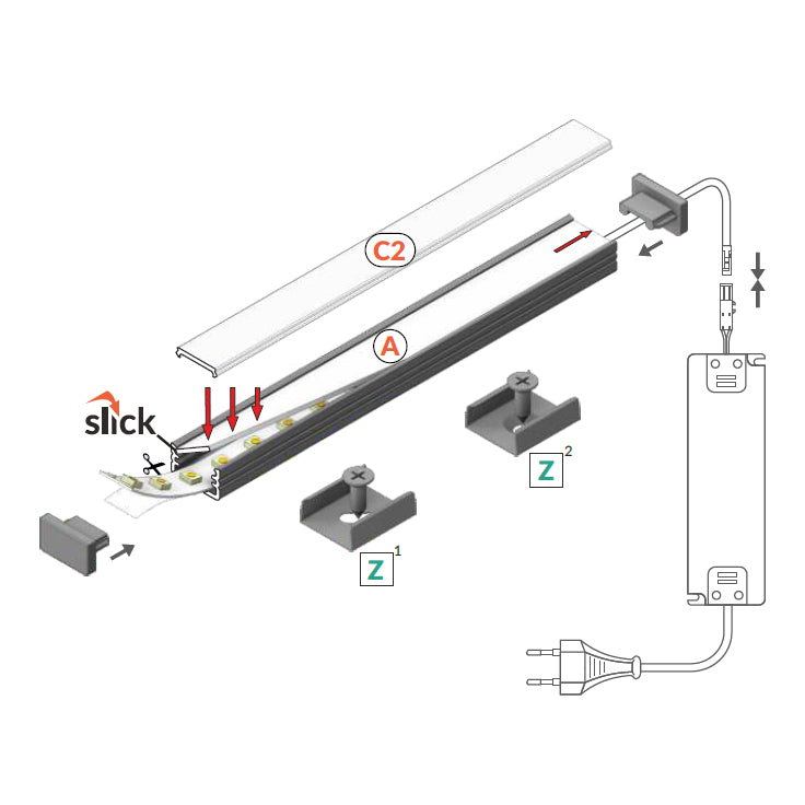 MINI8 LED-profiili 2m asennuskuva, sisältää A ja C2 kannet sekä komponentit.