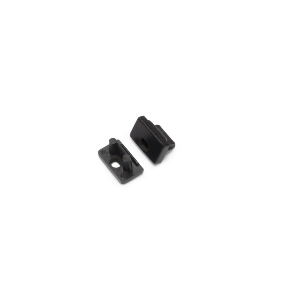 Kaksi BLACK MINI8 LED-profiilin päätypalat, kestävä muovi, saatavilla umpinainen ja reiällinen.
