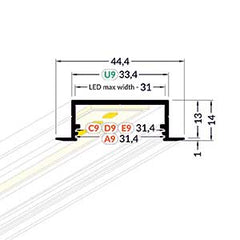 Uppoasennettava LED-profiili, mitat ja tekniset tiedot, 44,4x13mm, LED max leveys 31mm.