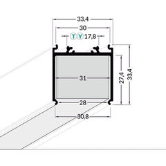 MONI30 ISO muuntajakotelo mittakaavakuva, joka näyttää profiilin mitat 33,4mm x 30mm.
