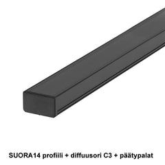 SUORA14 LED-profiili, diffuusi C3 ja päätypalat, musta pinta-asennettava LED-profiili.