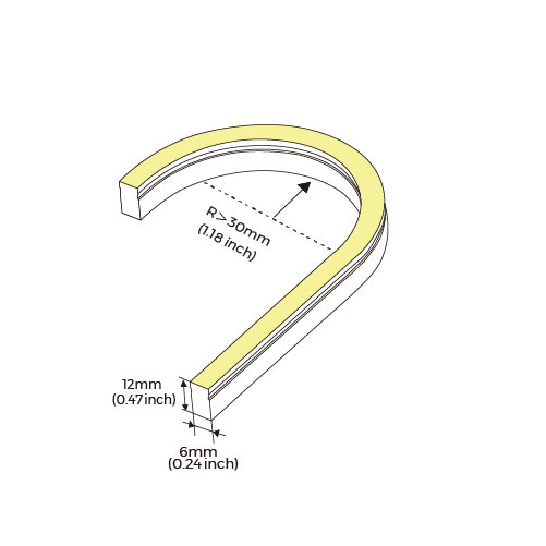 NEON STRIP 0612 6x12mm malli, jonka mitat ja kaarevuus R>30mm.