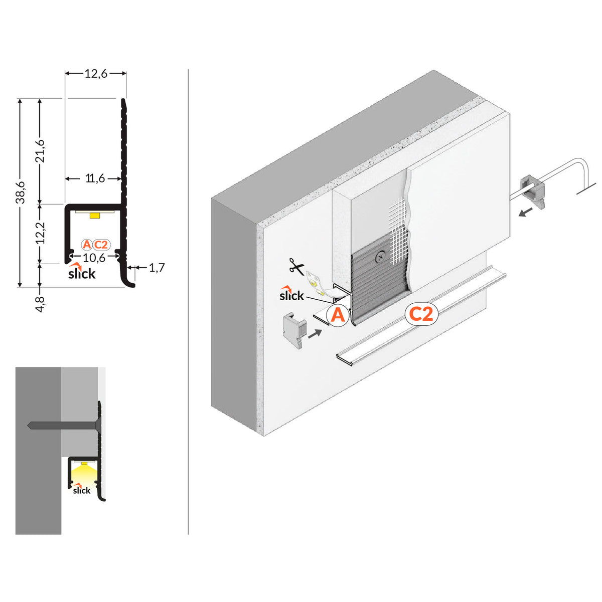 OMNI10 LED-profiili epäsuoraan valaistukseen asennusohje ja mitat, anodisoitu alumiini, diffuusorit