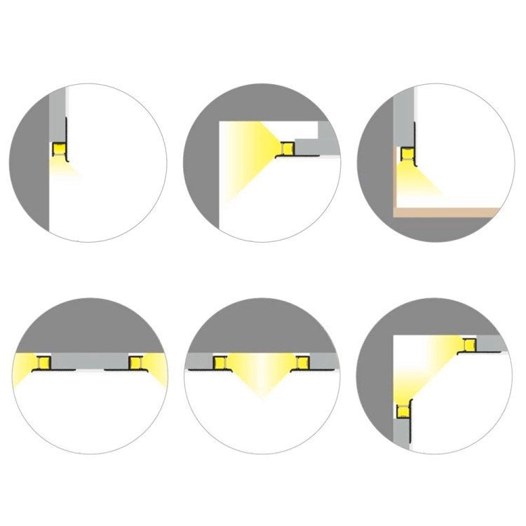 OMNI10 LED-profiili epäsuoraan valaistukseen asennuskuvia eri kulmista