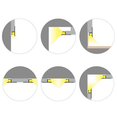 OMNI10 LED-profiili epäsuoraan valaistukseen asennuskuvia eri kulmista