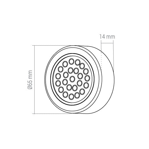 Kuvan mitat kullanvärinen LED-kalustevalaisin OVAL, halkaisija 65 mm, korkeus 14 mm.