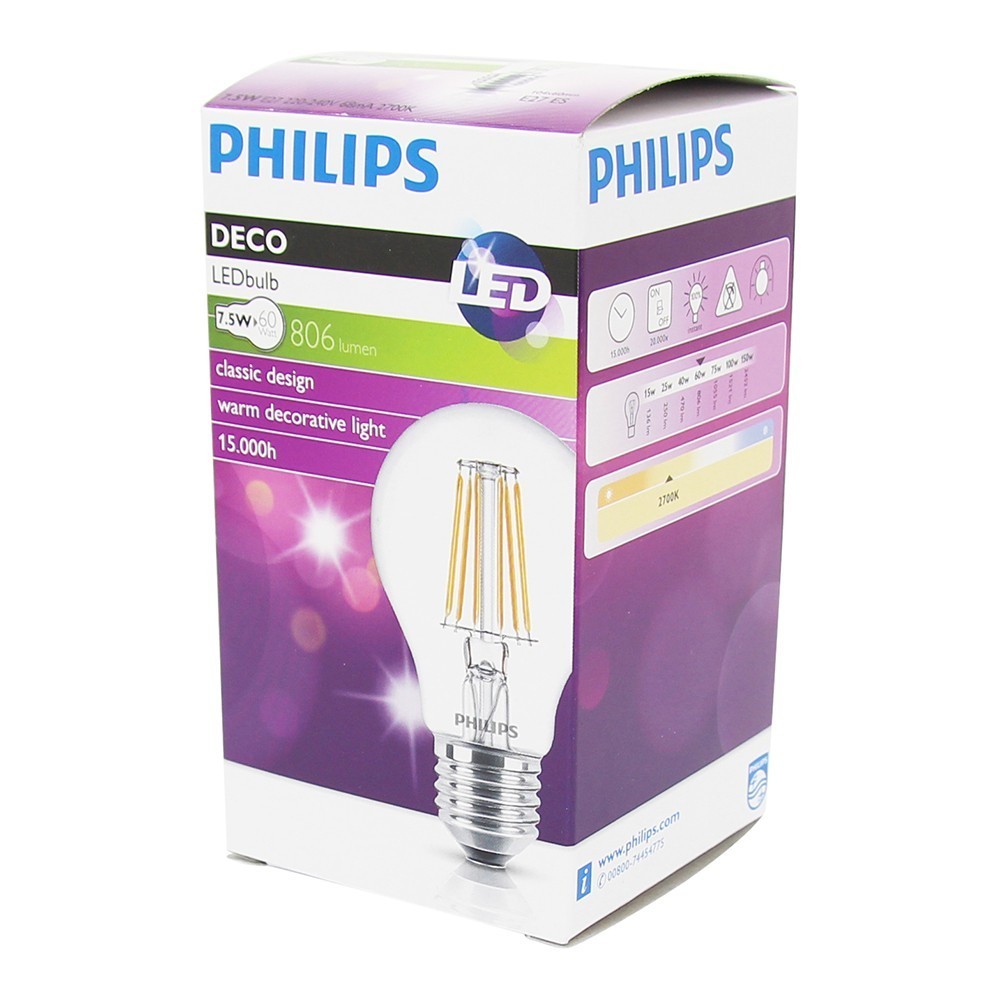 Philips 7.5W E27 LED-lamppu pakkaus, 806 lumenin kirkkaus, lämmin valonsävy