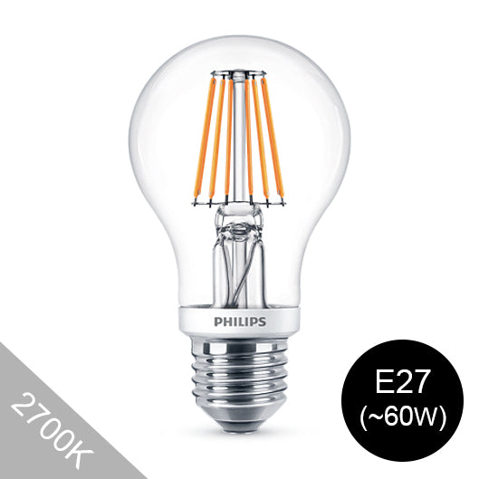 Philips 7.5W E27 LED-lamppu, 2700K lämmin valonsävy ja energiatehokas vaihtoehto 60W hehkulampulle.