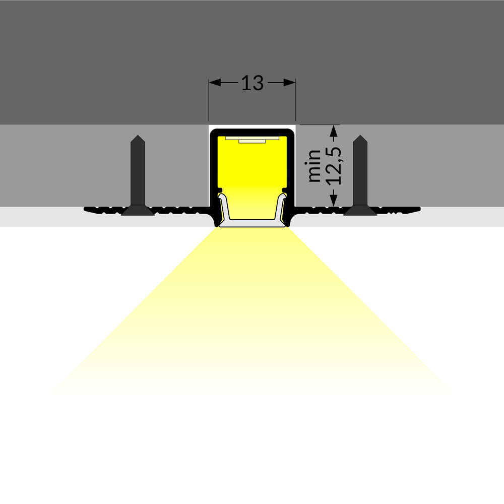 Uppoasennettava PIILO10 TRIMLESS LED-profiili, valaistuskuvio ja mitat 13 x 12,5mm.