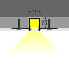 Uppoasennettava PIILO10 TRIMLESS LED-profiili, valaistuskuvio ja mitat 13 x 12,5mm.