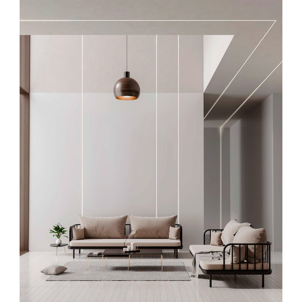 Moderni olohuone, jossa käytetään PIILO10 TRIMLESS LED-profiilia valaistukseen.
