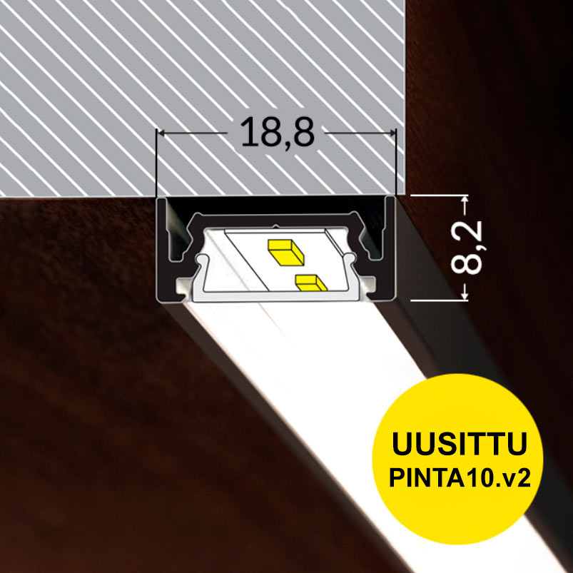 LED-profiili 2m 2023 malli, PINTA10.v2 mitat 18,8x8,2mm, moderni alumiinilista LED-nauhalle.