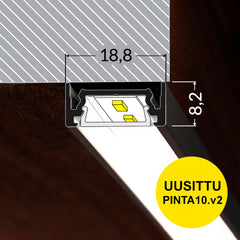 LED-profiili 2m 2023 malli, PINTA10.v2 mitat 18,8x8,2mm, moderni alumiinilista LED-nauhalle.