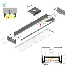 PINTA14.v2 LED-profiilisetti anodisoitu asennuspiirros, rakenne ja mitat LED-profiilin osista.