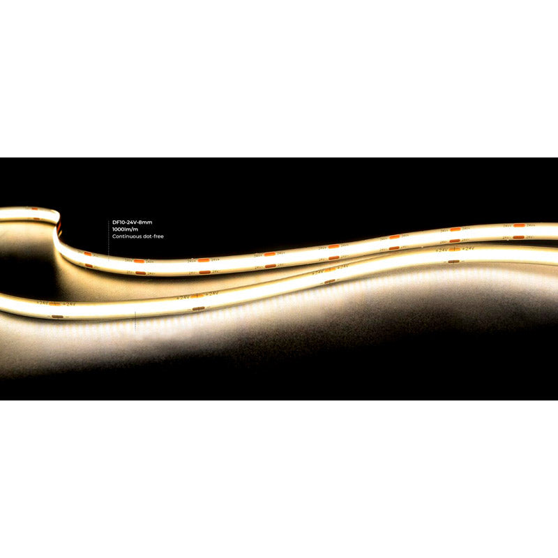 Pisteetön COB LED-valonauha, 9,6w/m, 24V, IP65, 900lm, erinomaisella värintoistokyvyllä CRI>90, 5m
