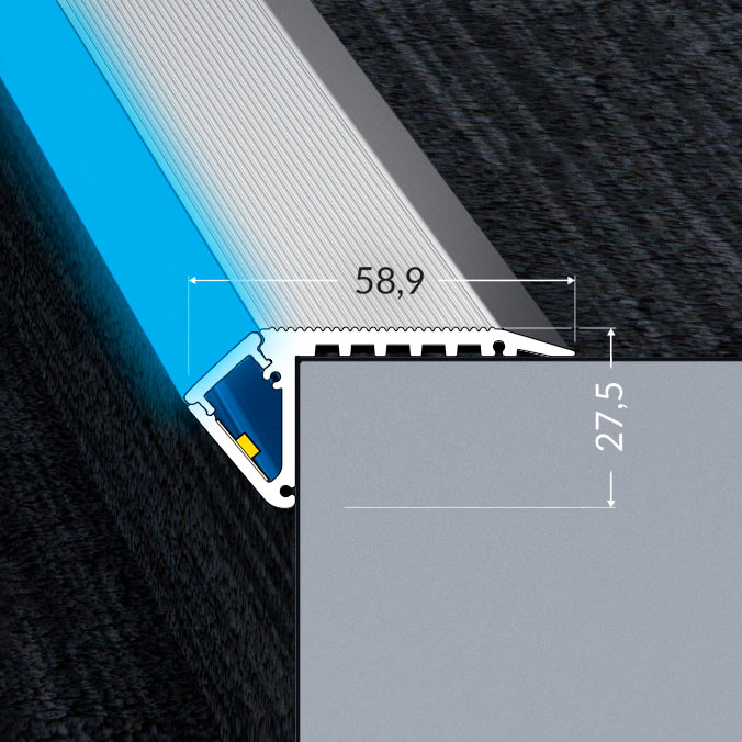 Porrasvalaisimen osan kaavio, mittatiedot 58,9 mm ja 27,5 mm, LED-porrasvalaisin ylöspäin.