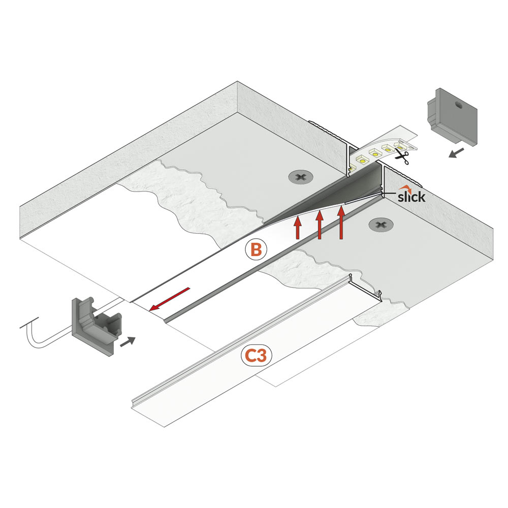 Siipi14-IN LED-alumiiniprofiili asennuskuva, trimless LED-alumiinoprofiili käyttökohteet.