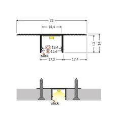 SIIPI14-IN TRIMLESS LED-alumiiniprofiilin mitat, 2m malli, epäsuora valaistus.