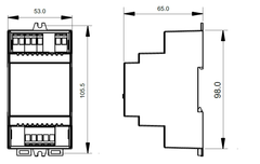 Virtatoistin DIN-kiskoon asennettava LED-virtatoistin 4 kanavaa, mitat 53x105.5x98 mm, tarkkuuskuva