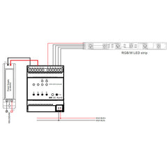 KNX RGBW ohjain 4 kanavaa kaavio, joka näyttää liitännät RGBW-LED-nauhalle.