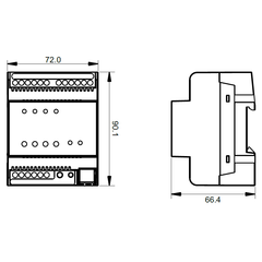 KNX RGBW ohjain 4 kanavaa, mitat: 72x90.1x66.4 mm, sopii DIN-kiskoon.