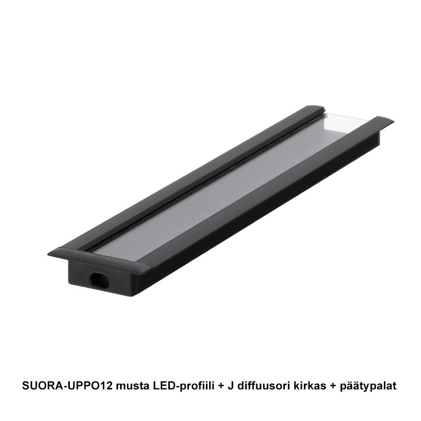 SUORA-UPPO12 musta LED-profiili 2m, J diffuusori kirkas ja päätypalat asennukseen.