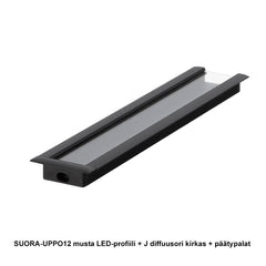 SUORA-UPPO12 musta LED-profiili 2m, J diffuusori kirkas ja päätypalat asennukseen.