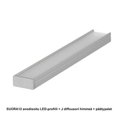 SUORA12 pinta-asennettava LED-profiili 2m anodisoitu, J diffuusori himmeä ja päätypalat