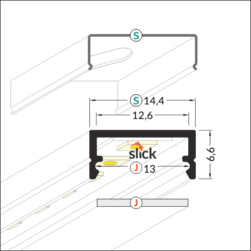 SUORA12 pinta-asennettava LED-profiili 2m alumiiniprofili mitat 14,4mm x 6,6mm tekniset tiedot