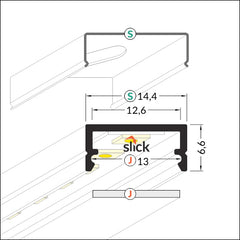 SUORA12 pinta-asennettava LED-profiili 2m alumiiniprofili mitat 14,4mm x 6,6mm tekniset tiedot