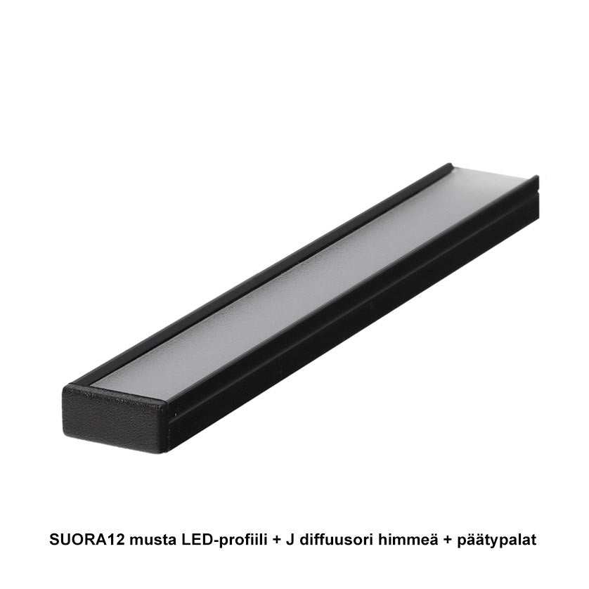 SUORA12 pinta-asennettava LED-profiili 2m musta, J diffuusori himmeä, täydentävät päätypalat