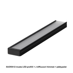 SUORA12 pinta-asennettava LED-profiili 2m musta, J diffuusori himmeä, täydentävät päätypalat