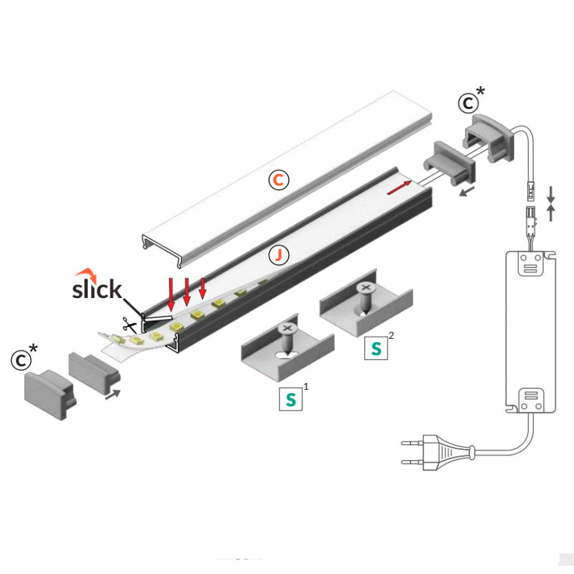 Pinta-asennettava LED-profiili 2m - asennuskaavio alumiiniprofiilille ja LED-nauhalle, mallit ja osat.