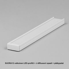 SUORA12 pinta-asennettava LED-profiili 2m, valkoinen alumiiniprofiili J-diffuusori opaalilla