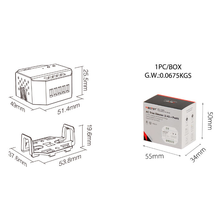 230V TRIAC LED-himmennin/vastaanotin TRI-C1 - Easy RF 2.4G mitat ja pakkauksen kuva