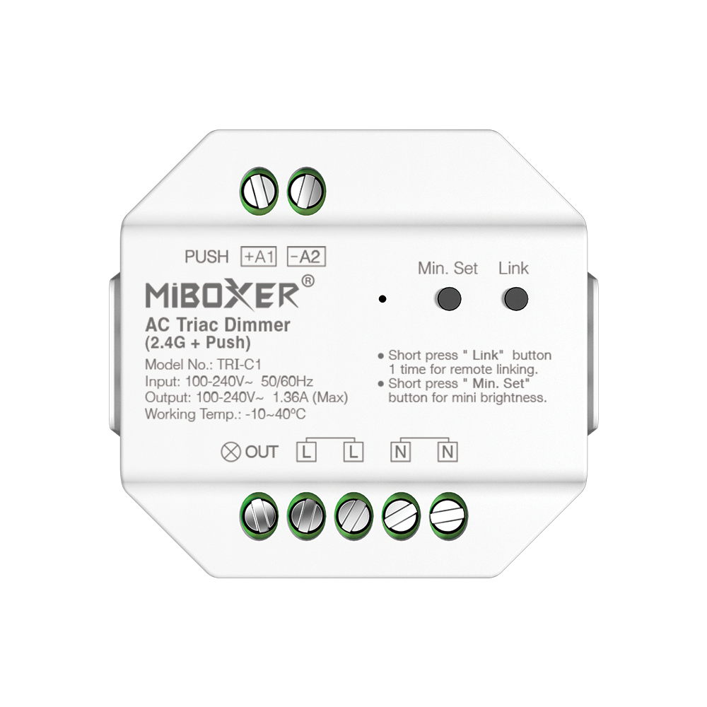 230V TRIAC LED-himmennin, MIBOXER TRI-C1: langaton himmennin 100-240V, max 1360W ulostulo.