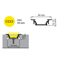 URA10 LED-profiili 2m mitat ja asennusohjeet, max 10 mm LED-nauhalle, uran muoto ja mittatiedot.