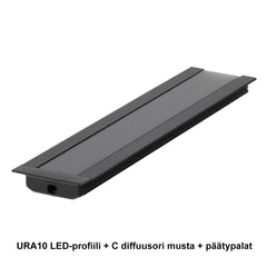 URA10 LED-profiili 2m mustana C-diffuusorin ja päätypalojen kanssa
