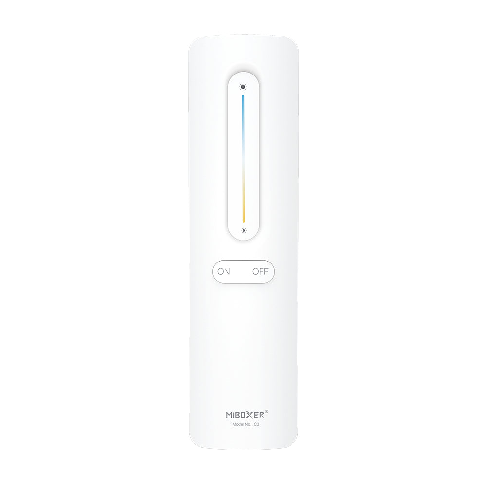 CCT 1-kanavainen LED-kaukosäädin värilämpötilansäädöllä ja himmennyksellä, valkoista muovia.