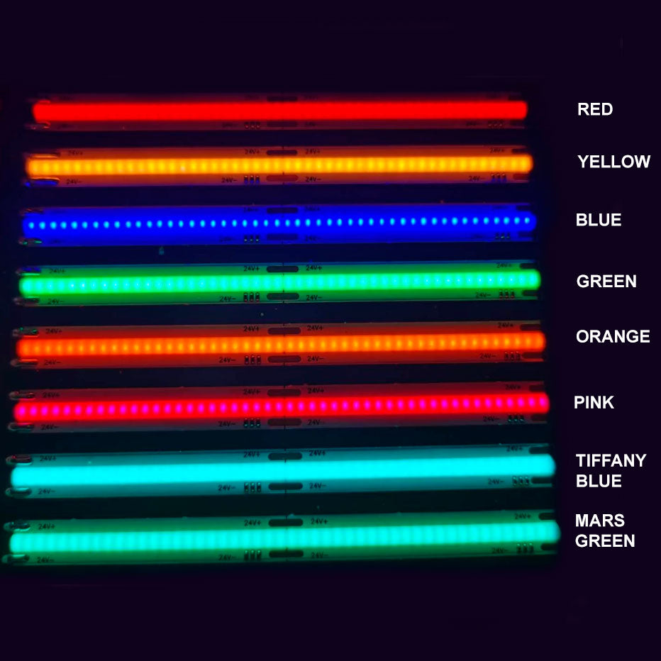 Pisteetön COB LED-valonauha 10W/m eri väreissä: punainen, keltainen, sininen, vihreä, oranssi, vaaleanpunainen, Tiffany-sininen, Mars-vihreä.
